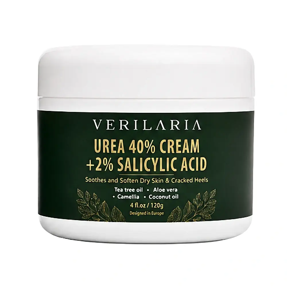 Verilaria_Urea_Cream_same_size_enhanced Intenzívny regeneračný krém na nohy a ruky, Premium, 40 % močoviny + 2 % kyseliny salicylovej, Verilaria, s kokosovým a kaméliovým olejom, 100 g – Obrázok 1